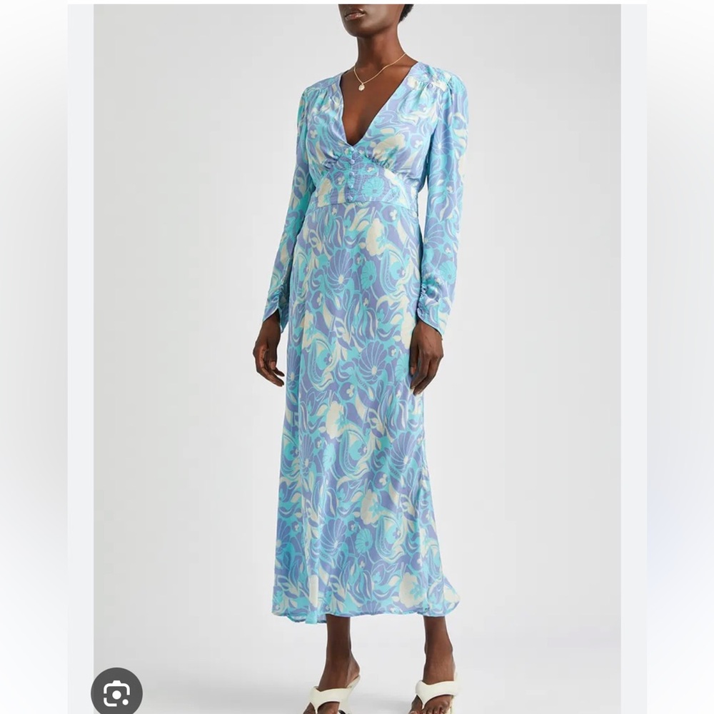 RIXO London Selma maxi white blue floral print dress, size 4/6